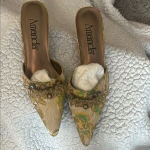 Women's Beige and Green Embellished Mules